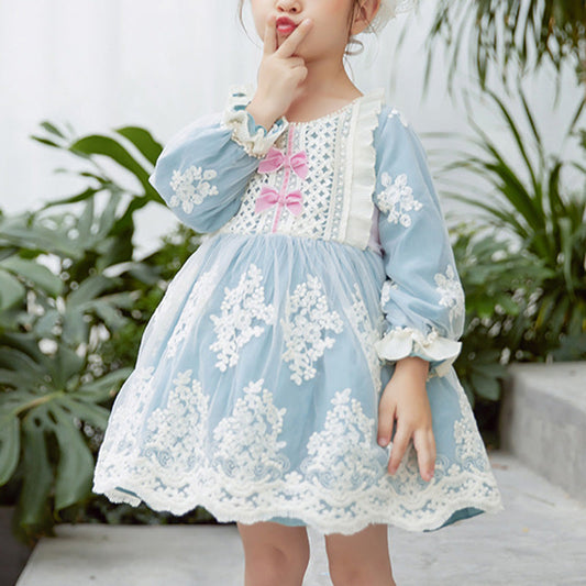 Dusty Blue Princess Flower Girl Dress with Lace and Puff Sleeves