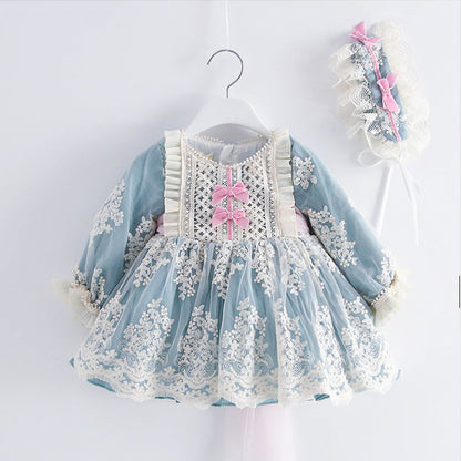 Dusty Blue Princess Flower Girl Dress with Lace and Puff Sleeves