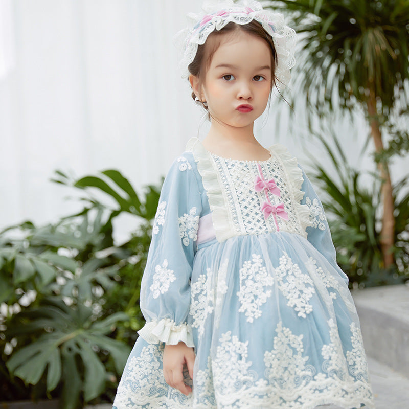 Dusty Blue Princess Flower Girl Dress with Lace and Puff Sleeves