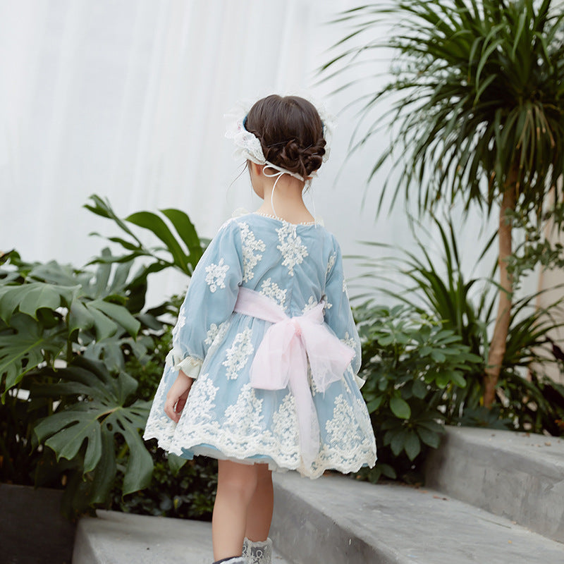 Dusty Blue Princess Flower Girl Dress with Lace and Puff Sleeves