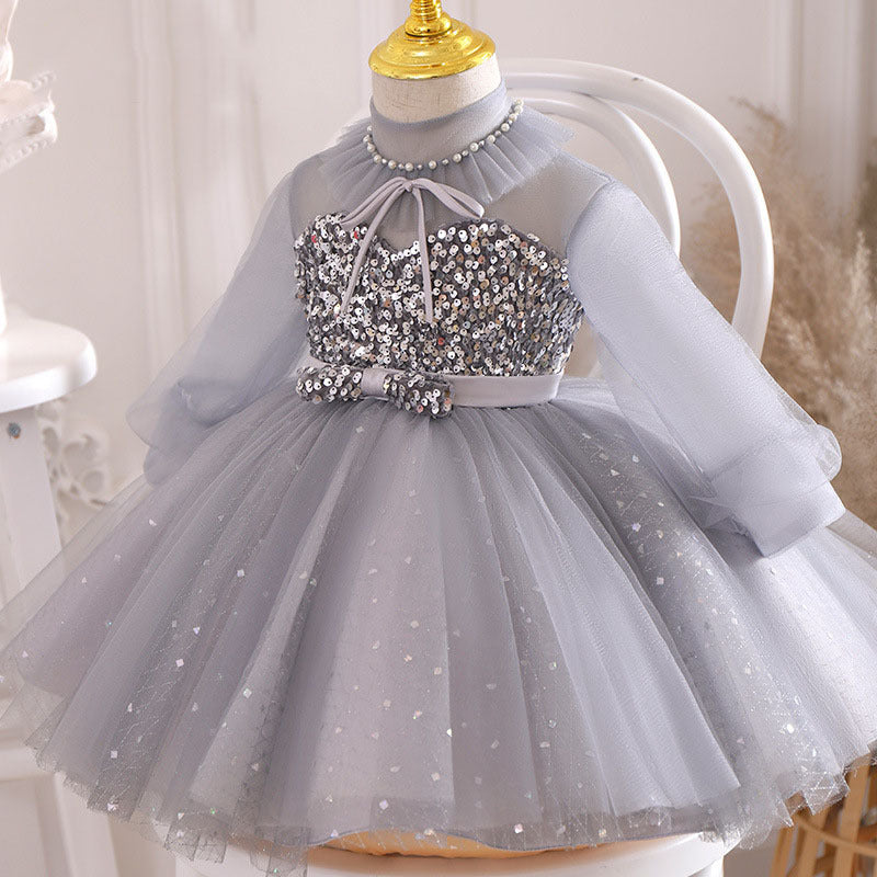 Dusty Blue Princess Flower Girl Dress with Sequins and Lantern Sleeves