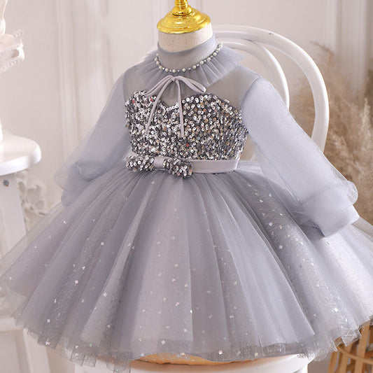 Dusty Blue Princess Flower Girl Dress with Sequins and Lantern Sleeves