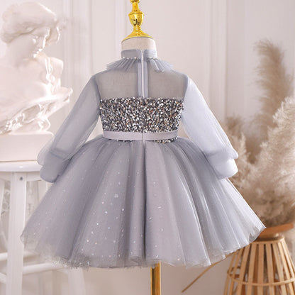 Dusty Blue Princess Flower Girl Dress with Sequins and Lantern Sleeves