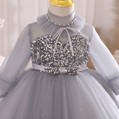 Dusty Blue Princess Flower Girl Dress with Sequins and Lantern Sleeves