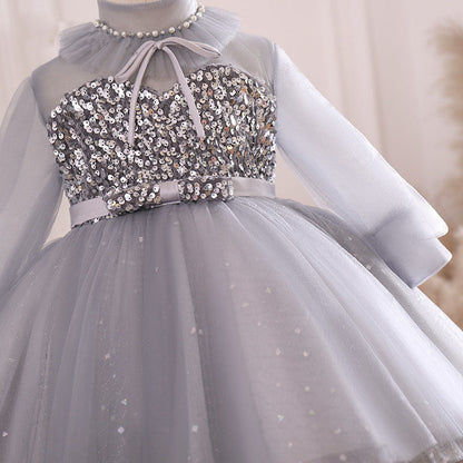 Dusty Blue Princess Flower Girl Dress with Sequins and Lantern Sleeves