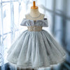 Dusty Blue Princess Tea-Length Flower Girl Dress with Lace Ruffles