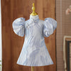 Dusty Blue Satin A-Line Flower Girl Dress Turtle Neck Puff