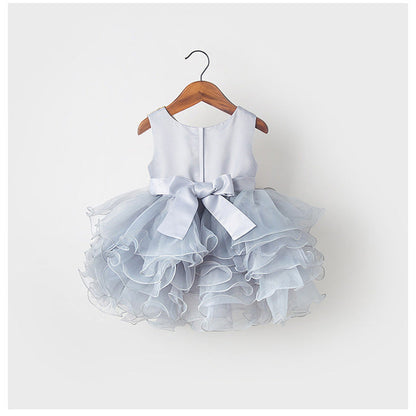 Dusty Blue Satin Princess Flower Girl Dress with Bow Detail
