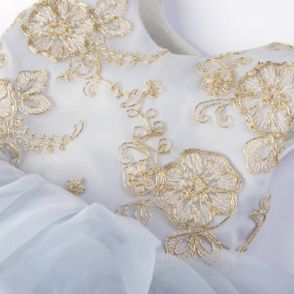 Dusty Blue Satin Princess Flower Girl Dress with Bow Detail