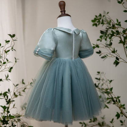Dusty Blue Satin Tulle A-Line Flower Girl Dress Collar Puff