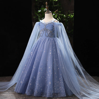 Dusty Blue Sequin A-Line Flower Girl Dress - Floor Length