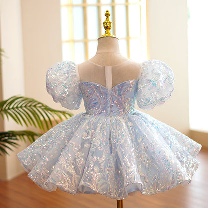 Dusty Blue Sequin Princess Dress | Ruffle Puff Sleeves
