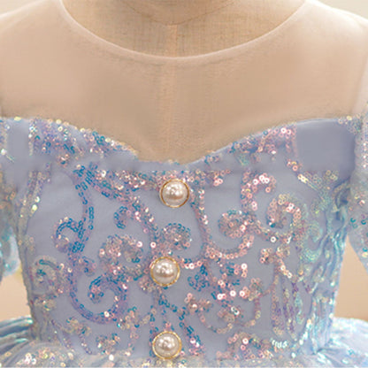 Dusty Blue Sequin Princess Dress | Ruffle Puff Sleeves