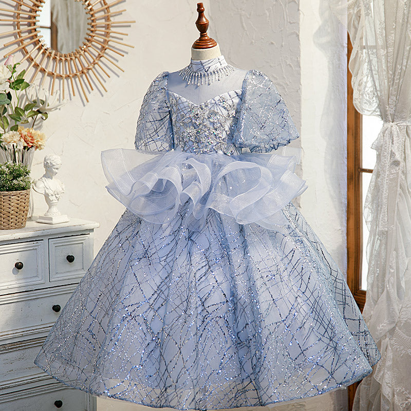 Dusty Blue Sequin Princess Dress Ruffles Short Puff Floor