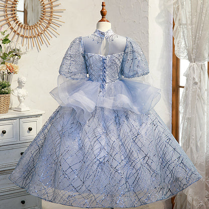 Dusty Blue Sequin Princess Dress Ruffles Short Puff Floor