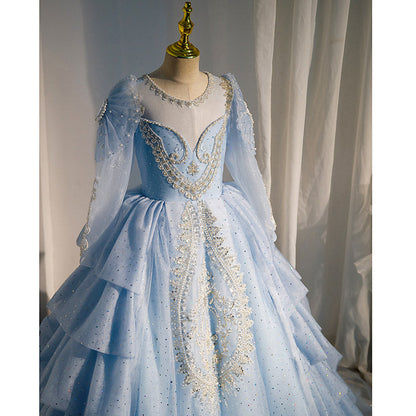 Dusty Blue Sequined A-Line Flower Girl Dress - Long Sleeve