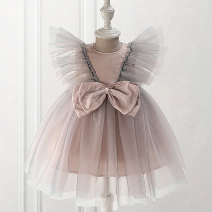 Dusty Rose Satin Tulle A-Line Tea Length Flower Girl Dress