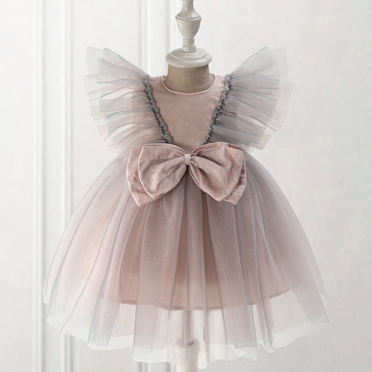 Dusty Rose Satin Tulle A-Line Tea Length Flower Girl Dress