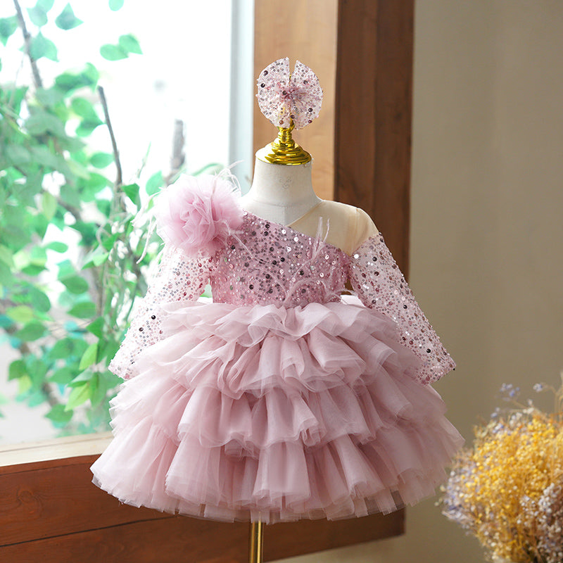 Girls' Dusty Rose Sequin Tulle Ball Gown with Ruffles – Long Sleeve Special Occasion Dress