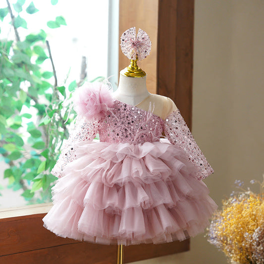 Girls' Dusty Rose Sequin Tulle Ball Gown with Ruffles – Long Sleeve Special Occasion Dress