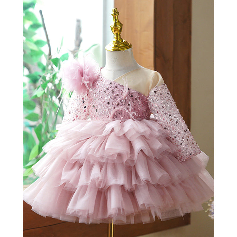 Girls' Dusty Rose Sequin Tulle Ball Gown with Ruffles – Long Sleeve Special Occasion Dress