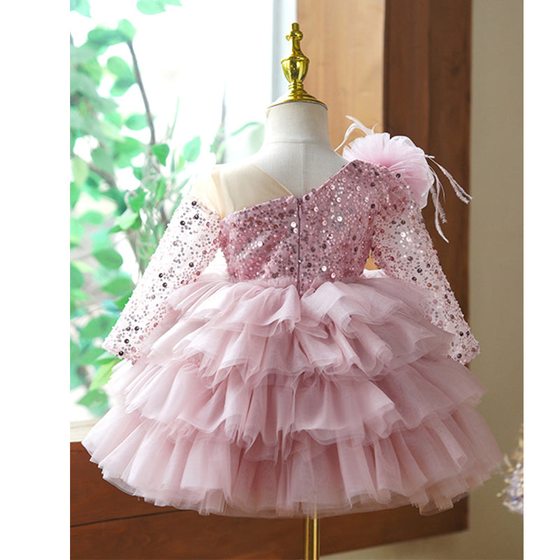 Girls' Dusty Rose Sequin Tulle Ball Gown with Ruffles – Long Sleeve Special Occasion Dress