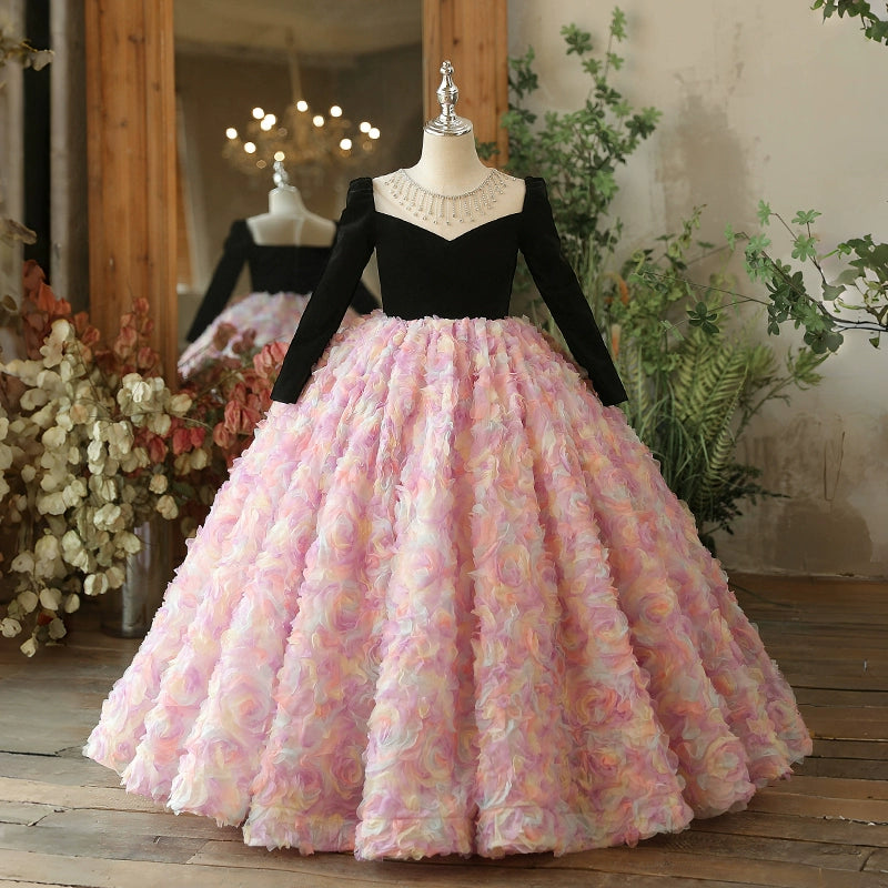 Elegant A-Line Flower Girl Dress with Beaded Flowers & Tulle