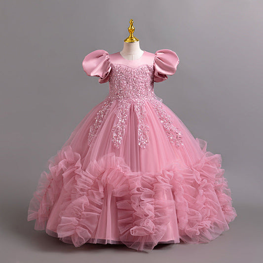 Elegant A-Line Flower Girl Dress with Lace & Puff Sleeves