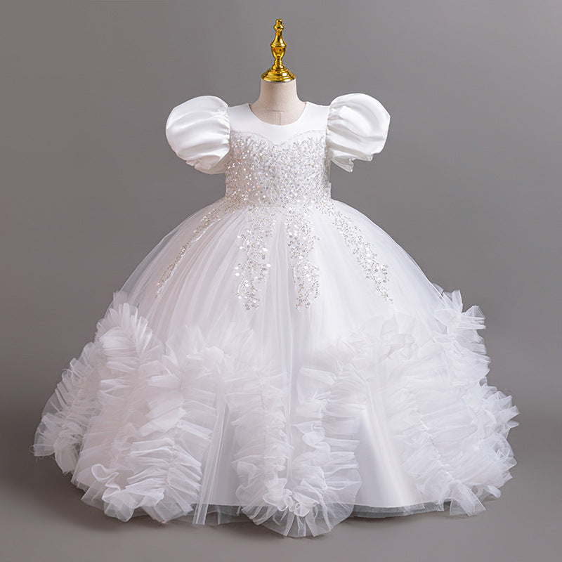 Elegant A-Line Flower Girl Dress with Lace & Puff Sleeves