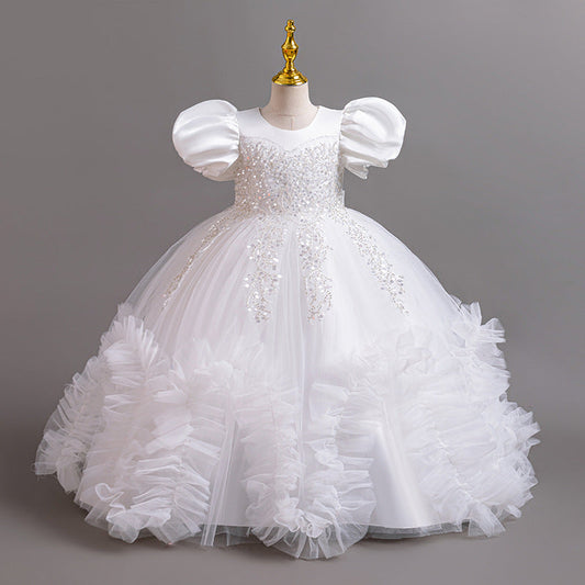 Elegant A-Line Flower Girl Dress with Lace & Puff Sleeves