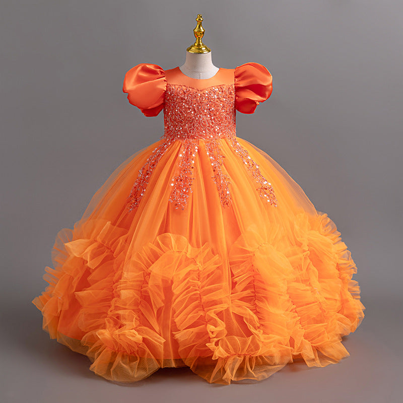 Elegant A-Line Flower Girl Dress with Lace & Puff Sleeves
