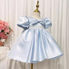 Elegant Blue Satin Flower Girl Dress with Lace & Puff Sleeves