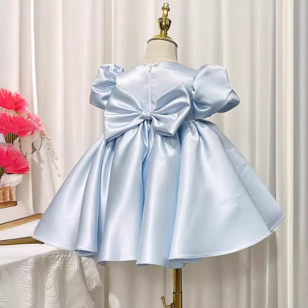 Elegant Blue Satin Flower Girl Dress with Lace & Puff Sleeves
