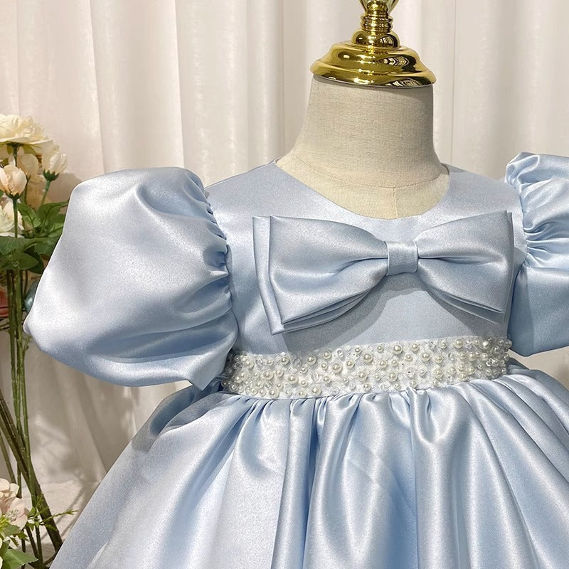 Elegant Blue Satin Flower Girl Dress with Lace & Puff Sleeves