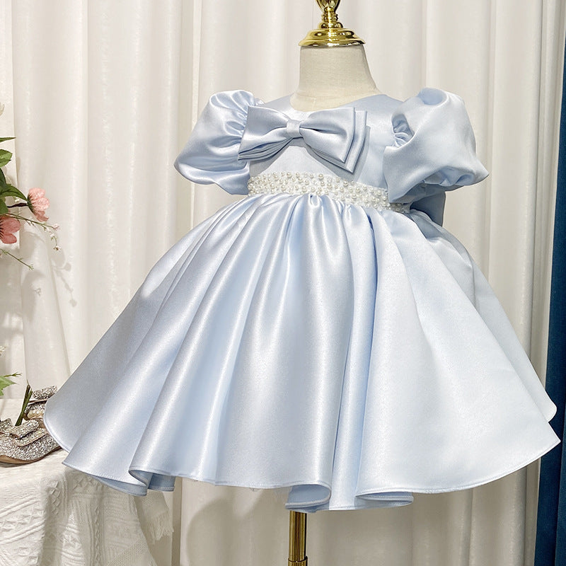 Elegant Blue Satin Flower Girl Dress with Lace & Puff Sleeves