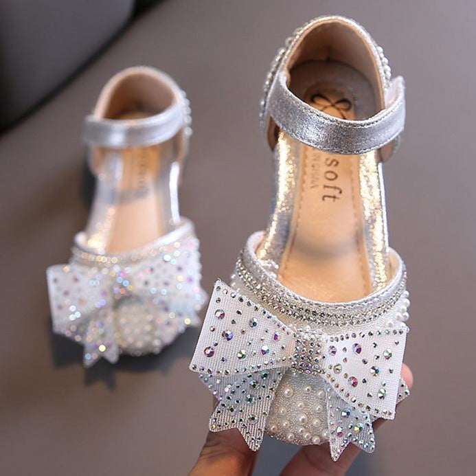 Elegant Girls Rhinestone Glitter Dress Shoes – Closed Toe Party Sandals