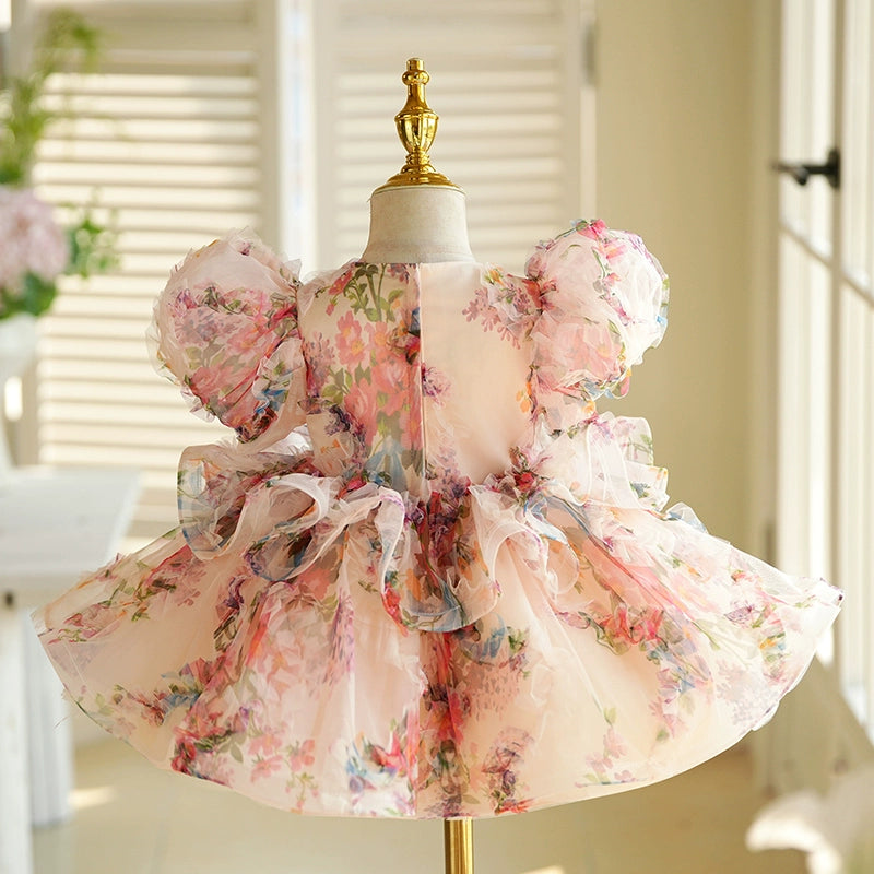 Elegant Floral A-Line Flower Girl Dress with Puff Sleeves