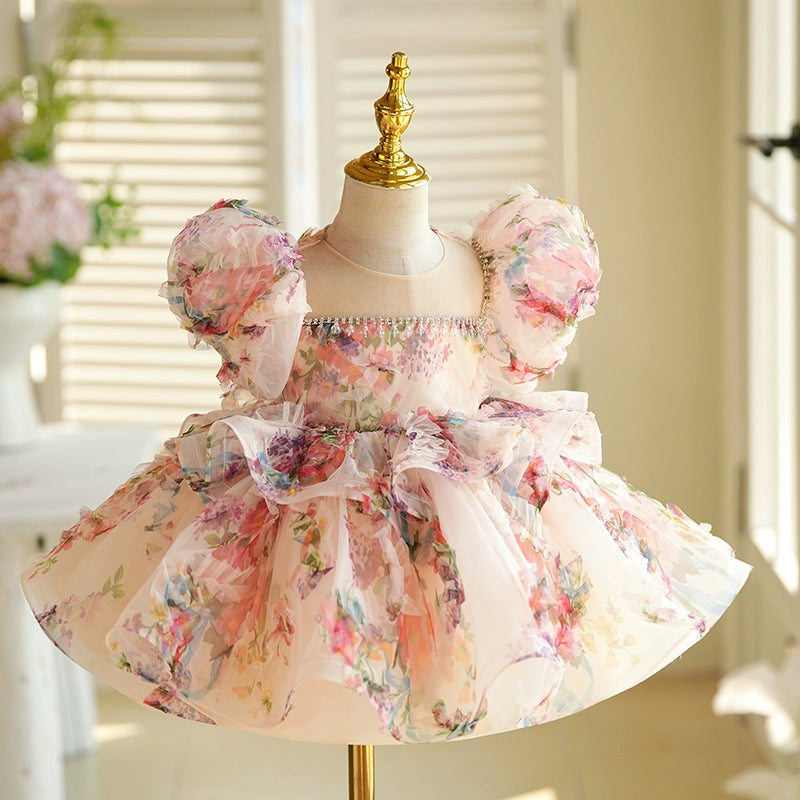 Elegant Floral A-Line Flower Girl Dress with Puff Sleeves