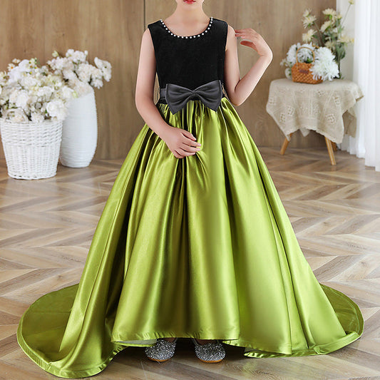 Green A-Line Puffy Princess Dress for Girls, Floor Length Satin Gown