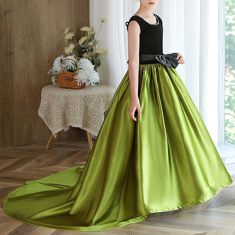 Green A-Line Puffy Princess Dress for Girls, Floor Length Satin Gown