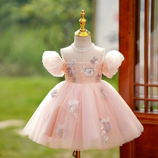 Elegant Pink A-Line Flower Girl Dress with Lace & Puff Sleeves
