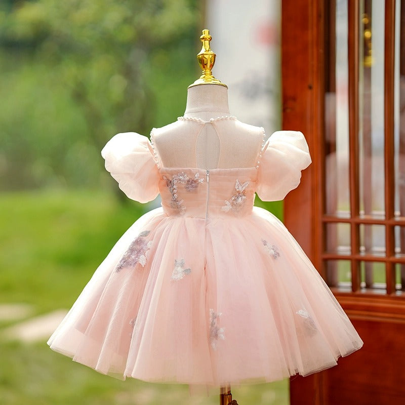 Elegant Pink A-Line Flower Girl Dress with Lace & Puff Sleeves