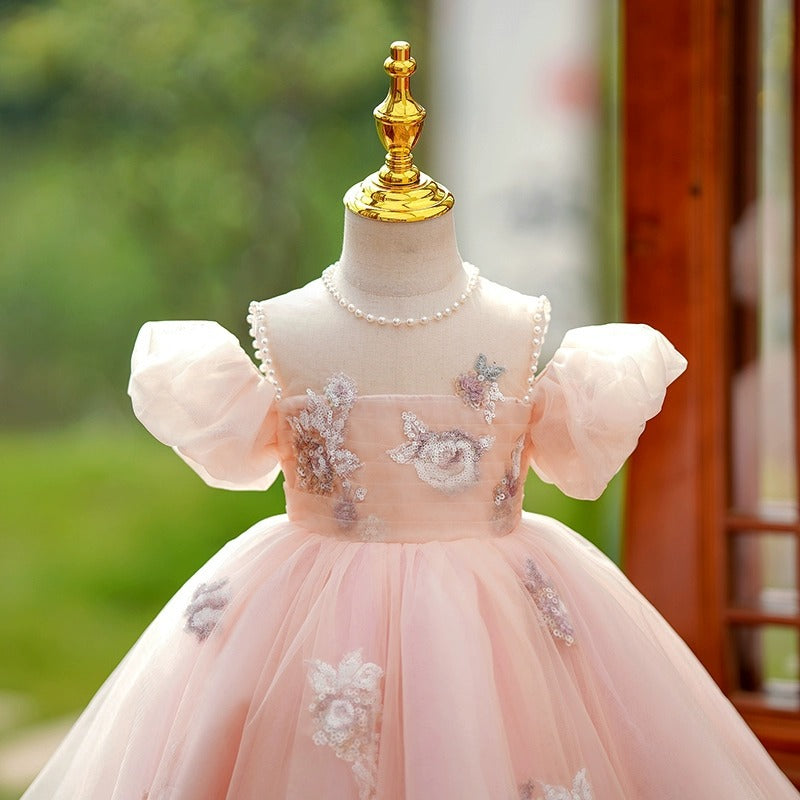 Elegant Pink A-Line Flower Girl Dress with Lace & Puff Sleeves