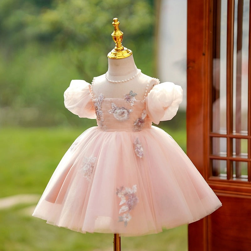Elegant Pink A-Line Flower Girl Dress with Lace & Puff Sleeves