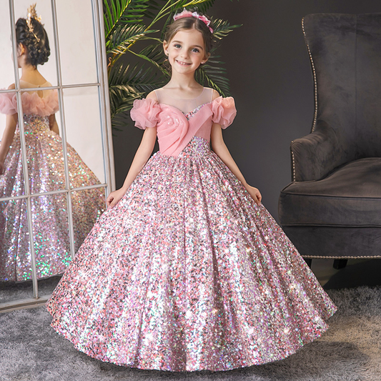 Pink Sequined Ball Gown Dress for Girls – Elegant Party & Birthday Outfit