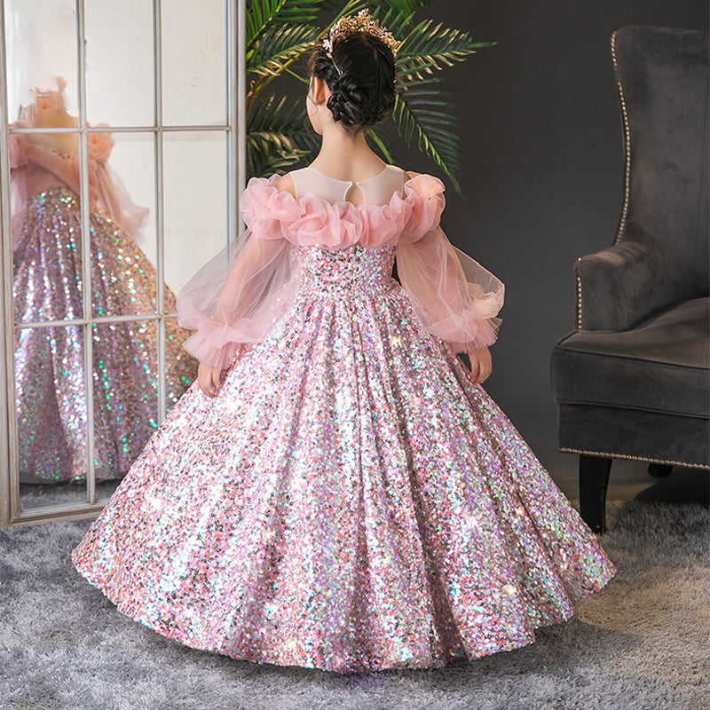 Pink Sequined Ball Gown Dress for Girls – Elegant Party & Birthday Outfit