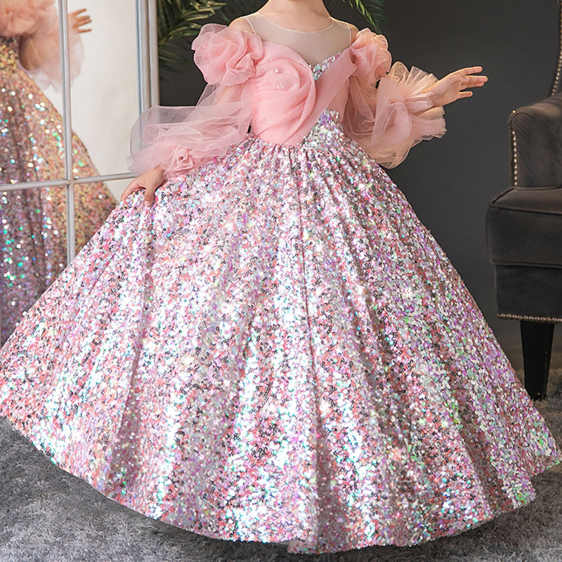 Pink Sequined Ball Gown Dress for Girls – Elegant Party & Birthday Outfit