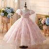 Elegant Pink Tulle Flower Girl Dress with Lace & Puff Sleeves