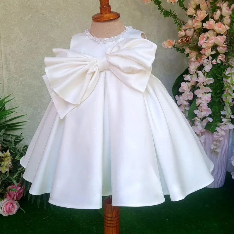 Elegant Satin Beaded Flower Girl Dress - Tea Length