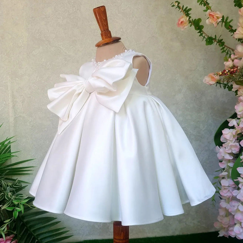 Elegant Satin Beaded Flower Girl Dress - Tea Length